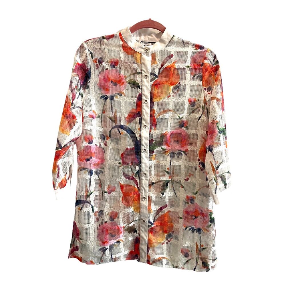Mischa Lace Mesh Windowpane Wearable Art Floral Pink White Shirt Top Tunic Sz S